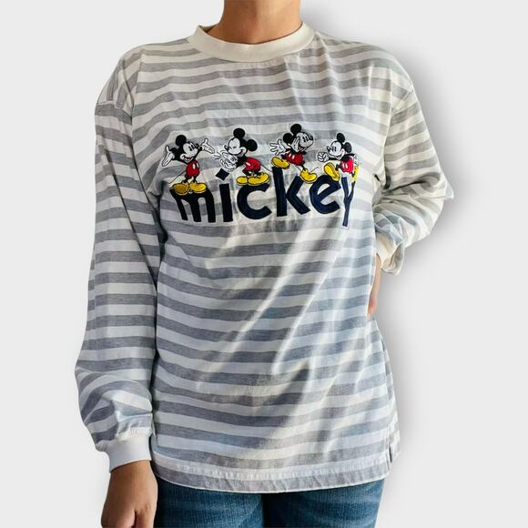 Disney Tops - The Disney Store Top Long Sleeve Tee Mickey Mouse Vintage Striped Crew Neck M